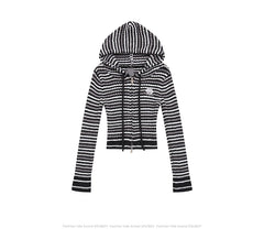 Knit Striped Long Sleeve Zip Hooded Top