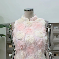 Stand Collar Embroidery 3D Floral Mini Dress