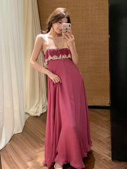 Pink Ruffle Lace Trim Maxi Dress