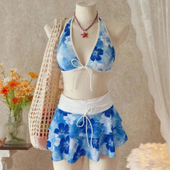 Floral Color Block Triangle Bikini And Pants With Cover Up Skirt Three-Piece Set