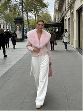 Pink Faux Fur Collar Knit Cardigan