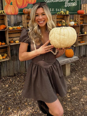 Brown Plaid Puff Short Sleeve Peterpan Collar Mini Dress