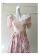 Pink Floral Square Puff Sleeve Flounced Midi Dress