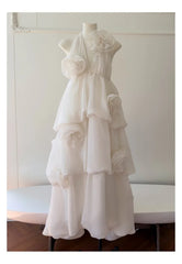 White Halter 3D Floral Tiered Bud Maxi Dress