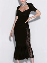 Side Lace Patchwork Black Short Sleeve Maxi Dress