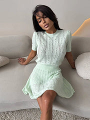 O-neck Knitted  Short Sleeve Top And Mini Skirt Set