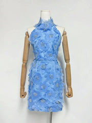 Halter 3d Flower Appliques Mini Dress