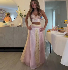 Pink And Yellow Floral Patchwork Cami Crop Top And Maxi Skirt Set