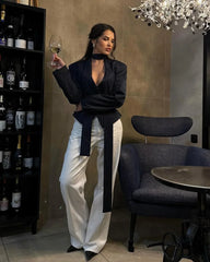 Stripe Tailored Coat With Scarf Top