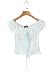 White Ruched Off-Shoulder Smocked Tie Up Top