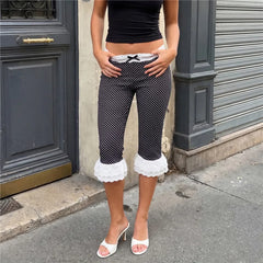 Lace Hem Mid-Calf Polka Dot Capri Pants