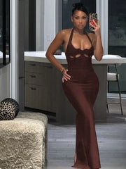Halter Neck Hollow Out Design Bandage Maxi Dress