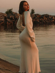 Knitted Backless Long Sleeve Maxi Dress
