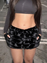 Black Furry High Waist Shorts