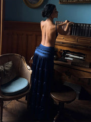 Blue Velvet Ruffles Backless Long Dress