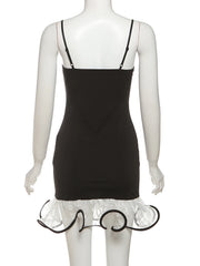Black Frill Trim Strappy Mini Dress