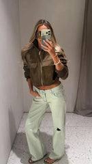 Faux Suede Stand Collar Zip Up Bomber Jacket