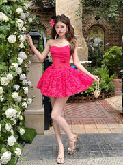Strapless Flower Textured Bubble Ruffle Mini Dress