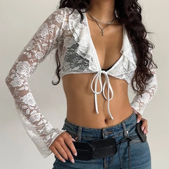 Sheer Lace Long Sleeve V‑Neck Ruffle Front Tie‑Up Crop Top