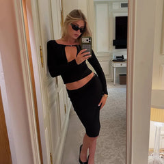 Black Front Cut-Out Long-Sleeve Crop Top And Midi Skirt Set