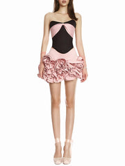 Black Satin Strapless Croset Top And 3d Frill Flower Mini Skirt Two-Piece Set