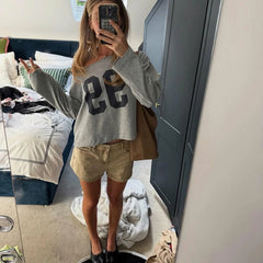 Grey Off Shoulder Long Sleeve Jersey Number Graphic Tee