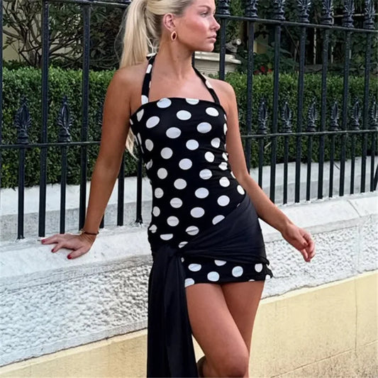 Polka Dot Halter Bodycon Knotted Wrap Mini Dress