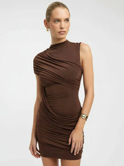 One Shoulder Round Neck Ruched Mini Dress