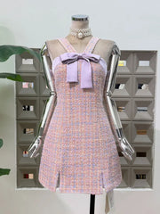 Tweed Bow Detail Halter Mini Dress