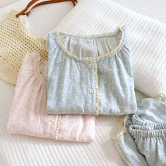 Cotton O-neck Long-sleeved Printed Button Shirt And Pants Pajama Set