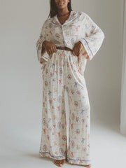 Fruit Print Long Sleeve Shirt with Long Pants Loungewear Set