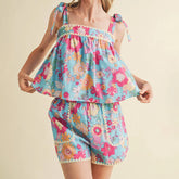 Floral Print Sleeveless Tie Up Tops with Shorts Sleepwear Set