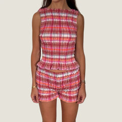 Elastic Plaid Ruched Crop Top And Shorts Set