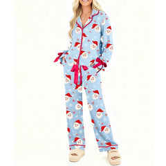 Christmas Bow Tie Ruffle Long Sleeve Shirt with Pants Pj Set