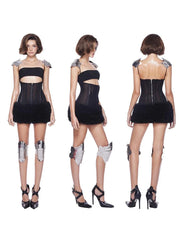 Black Fur Gem Corset Cut Out Mini Dress