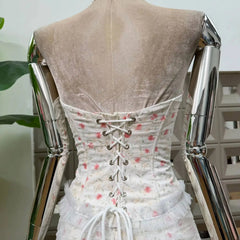 Floral Strapless Lace Ruffle Corset Top And High Waist Bodycon Skirt Set