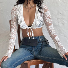 Sheer Lace Long Sleeve V‑Neck Ruffle Front Tie‑Up Crop Top