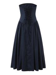 Strapless Lace Up Flare Pleated Midi Dress