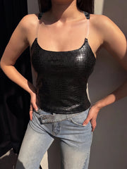 Black PU Textured Leather Transparent Strap Tank Top