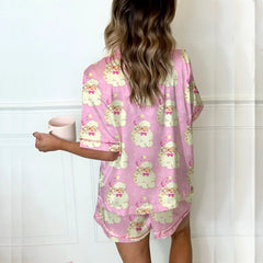 Christmas Santa Claus Print Pink Bow Shirt and Pants Pyjama Set