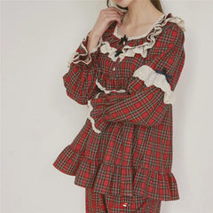 Gingham Long Sleeve Babydoll Top and Wide Leg Pants Lounge Set