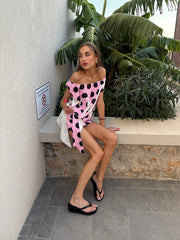 Pink Polka Dot Short Sleeve Tassel Mini Dress