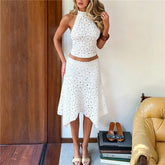 White Crochet Halter Neck Back Tie Crop Top And Midi Skirt Set