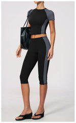 Two-Tone Contrast Seam Crop Top And Capri Leggings Set