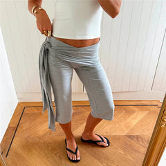 Grey Wrap Tie Waist Capri Pants