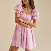 Square Collar Jacquard Puff Sleeve Mini Dress