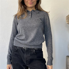 Solid Long Sleeve Lapel Collar Knit Pullover Top