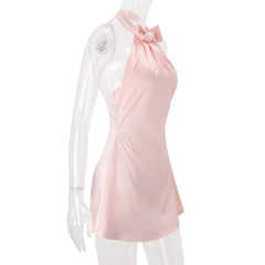Pink Satin Halter Bow Tie A Line Mini Dress
