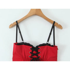 Red Front Button Hem Ruffle A-line Mini Dress