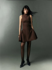 Metal Buckle High Neck Folds Mini Dress